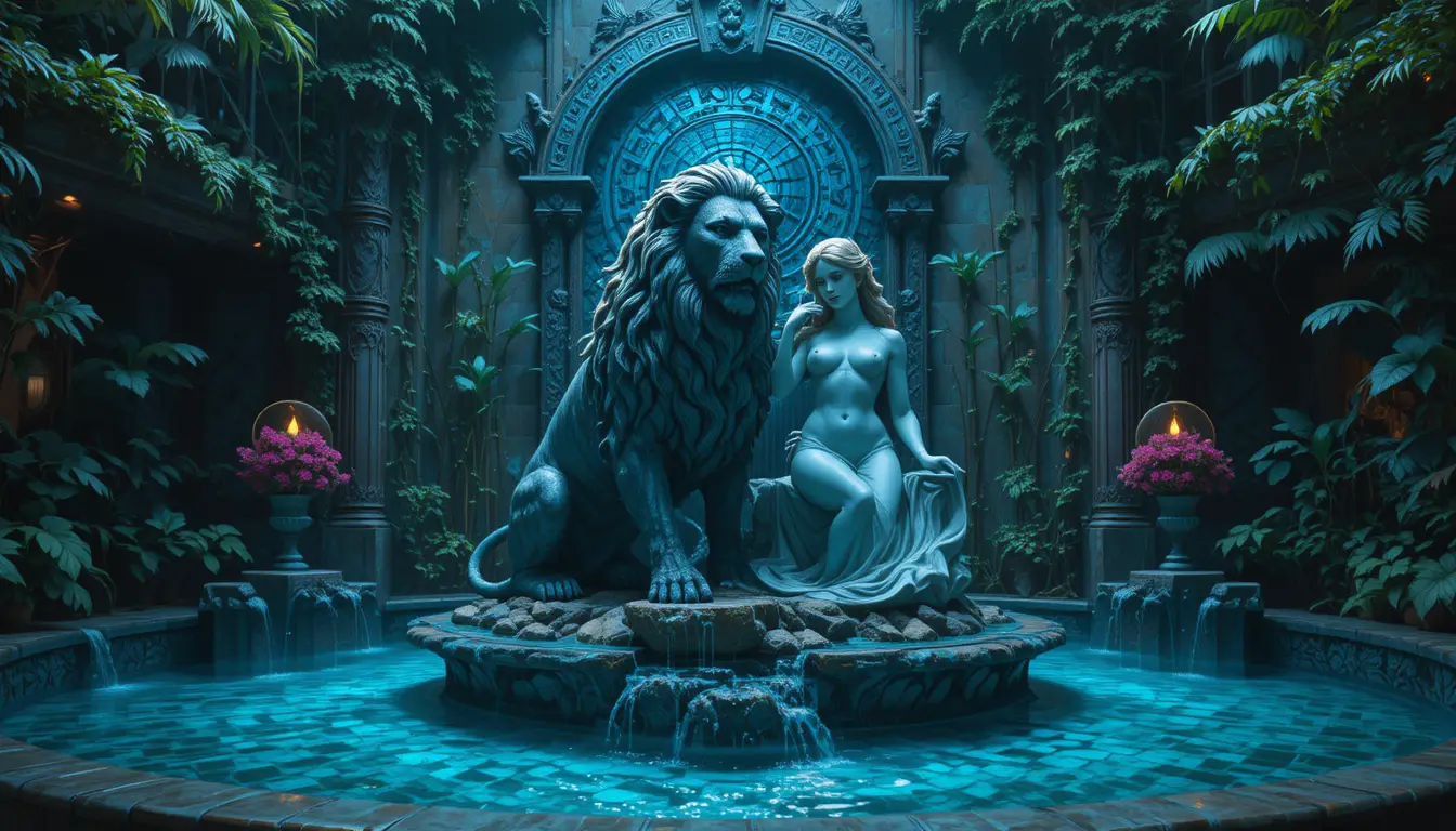 Statue de lion ailé aux côtés d’une déesse dans une fontaine mystique