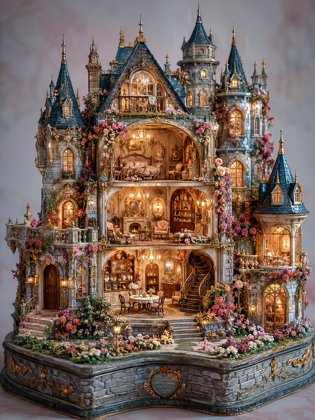 Casa de muñecas de castillo de piedra de fantasía con flores exuberantes