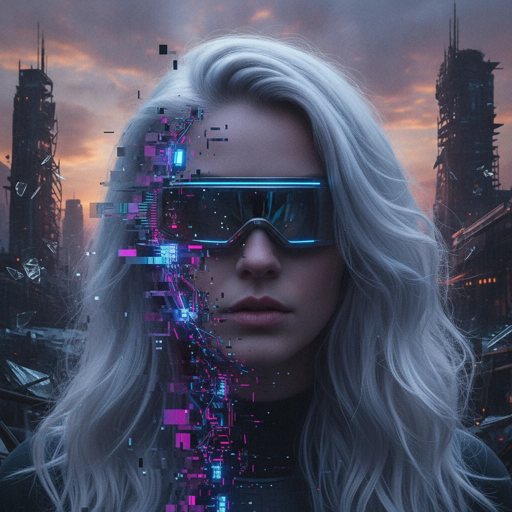 Mujer cyberpunk con visor glitch y circuitos brillantes