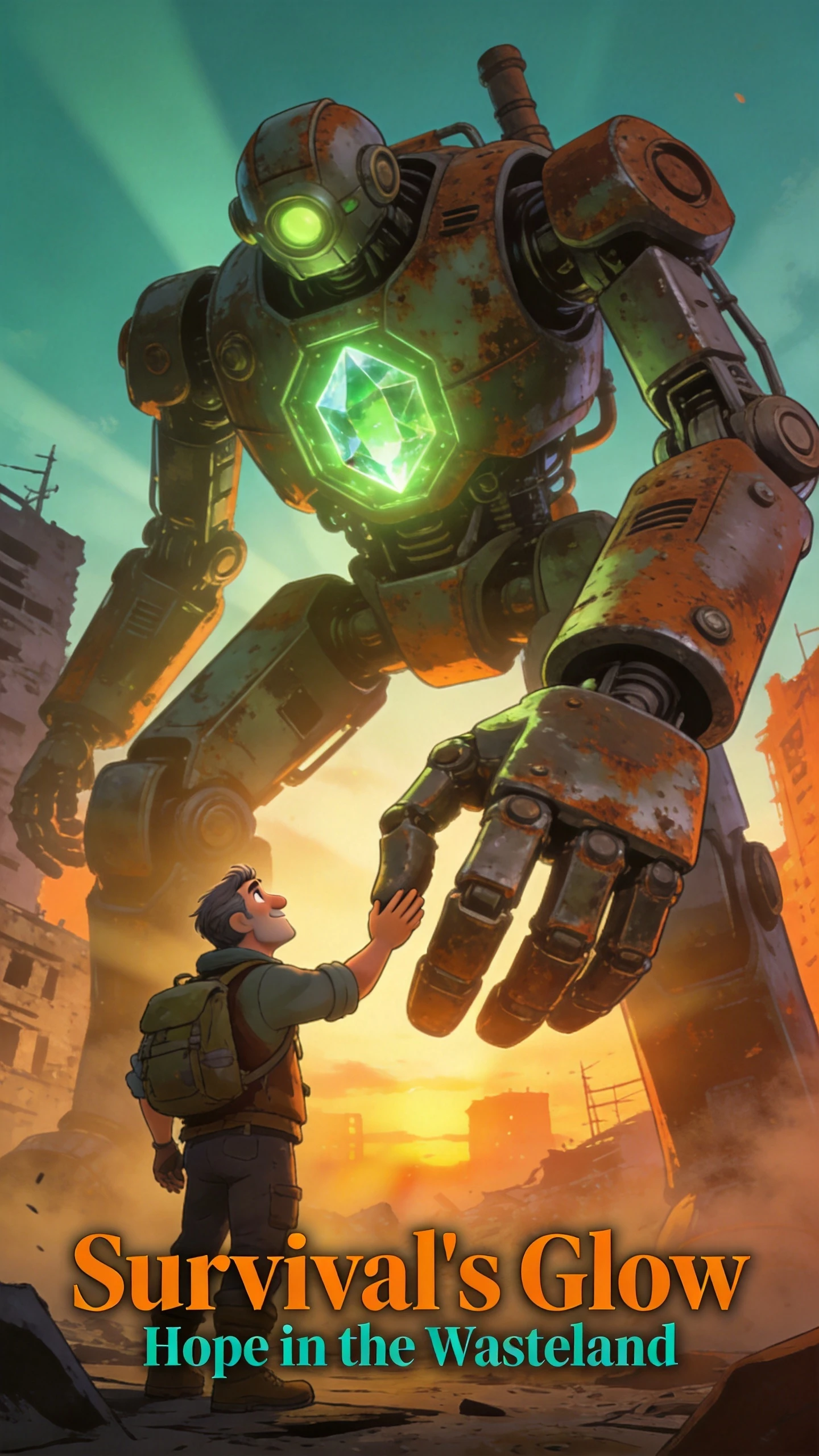 Hombre extendiendo la mano hacia un robot gigante oxidado al atardecer