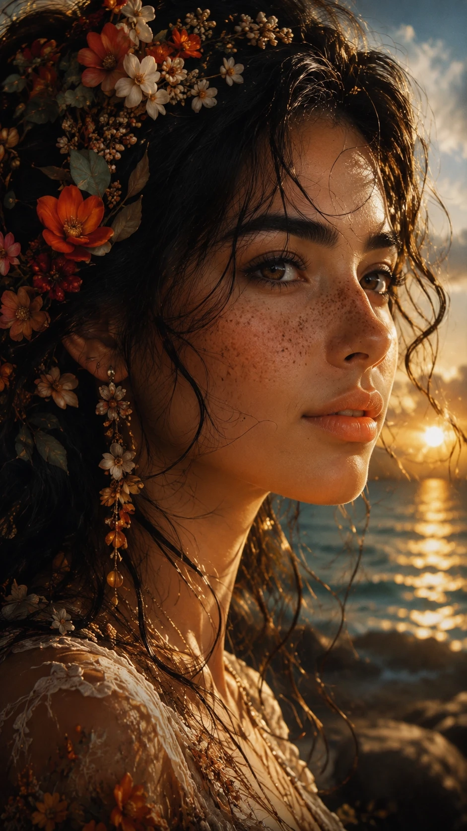 Retrato surrealista de perfil de una mujer pecosa con flores