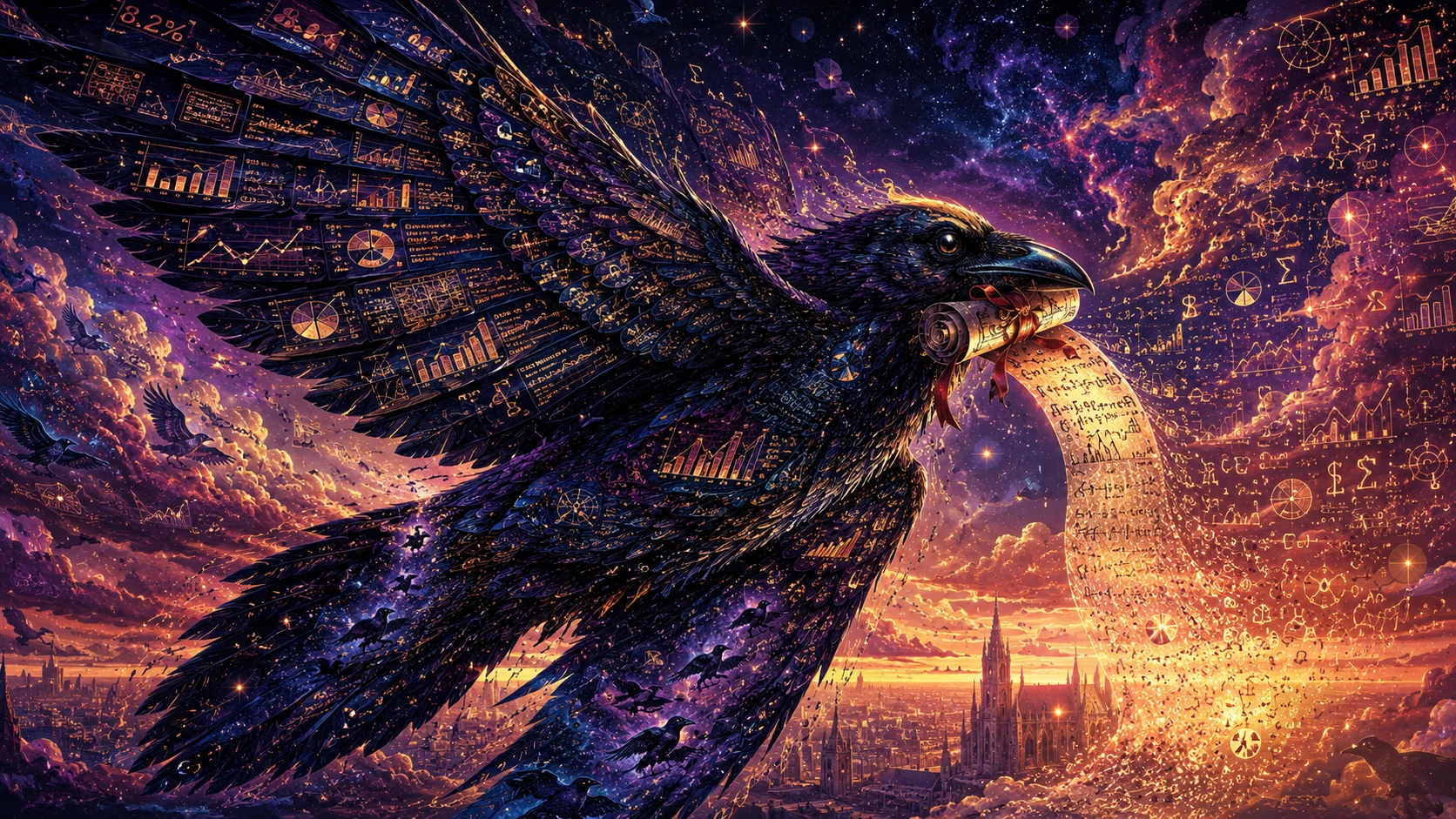 Cuervo gigante de datos volando por un cielo crepuscular surrealista