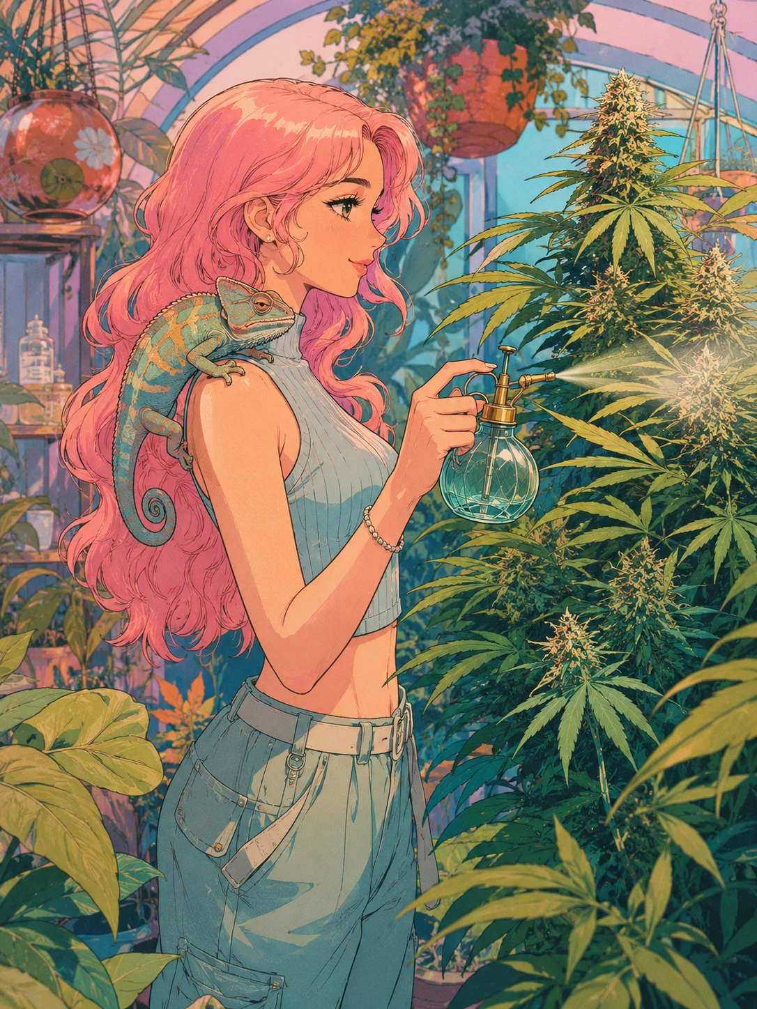 Mujer de anime rociando cannabis en un invernadero frondoso