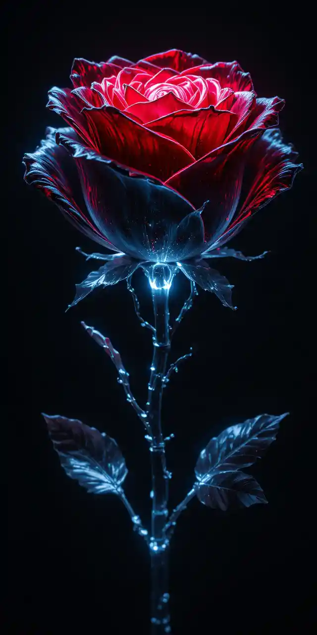 Glowing Black Rose With Glass Petals In Dark Background