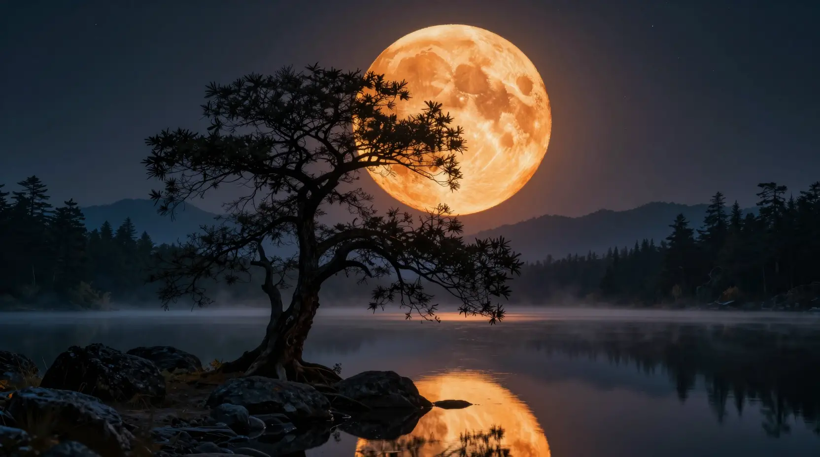 Lago nocturno cinematográfico con superluna y árbol en silueta
