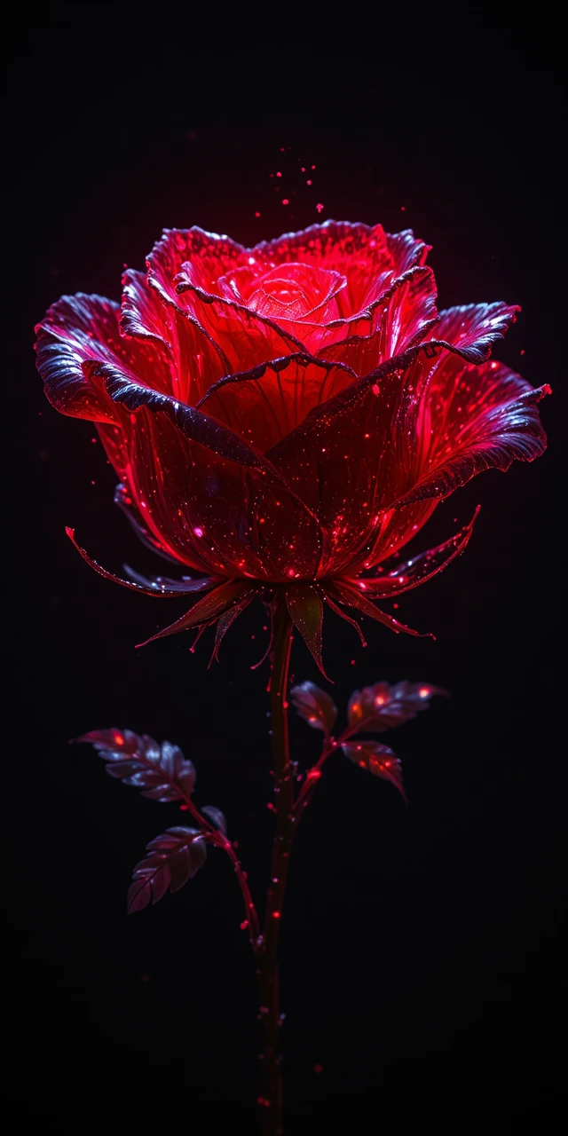Rosa nera luminosa con luce rossa su sfondo scuro