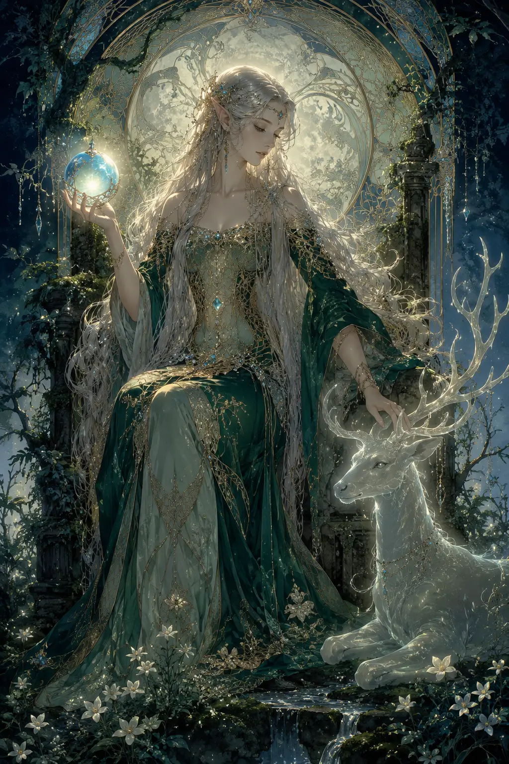 Enchanteresse elfe sur un trône de pierre moussu dans une forêt au clair de lune