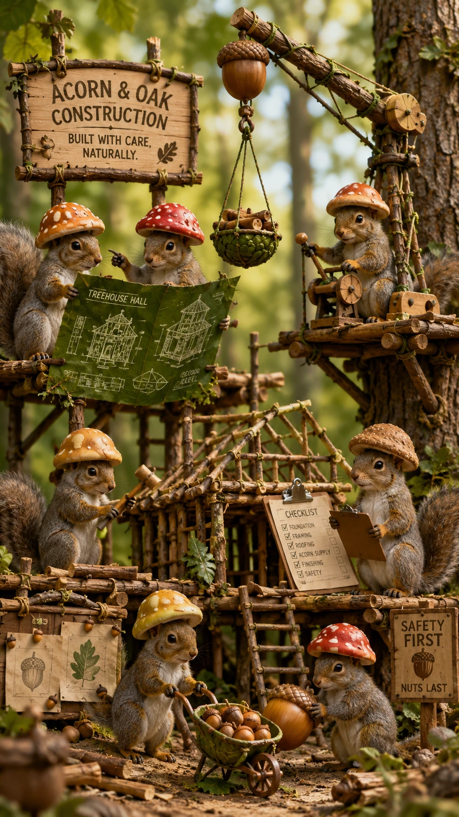 Ardillas organizadas dirigen una diminuta obra en el bosque