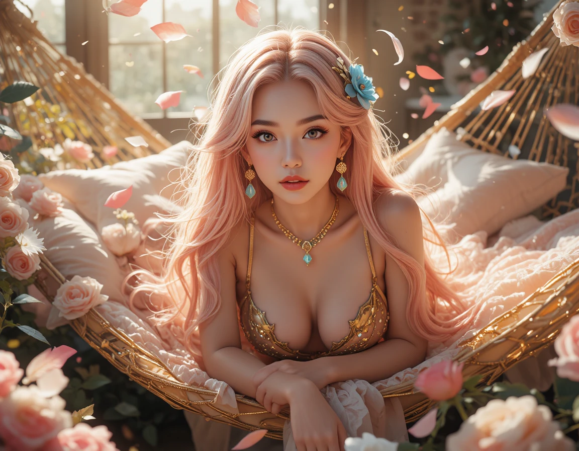 Primer plano de mujer anime con cabello pastel y rosas