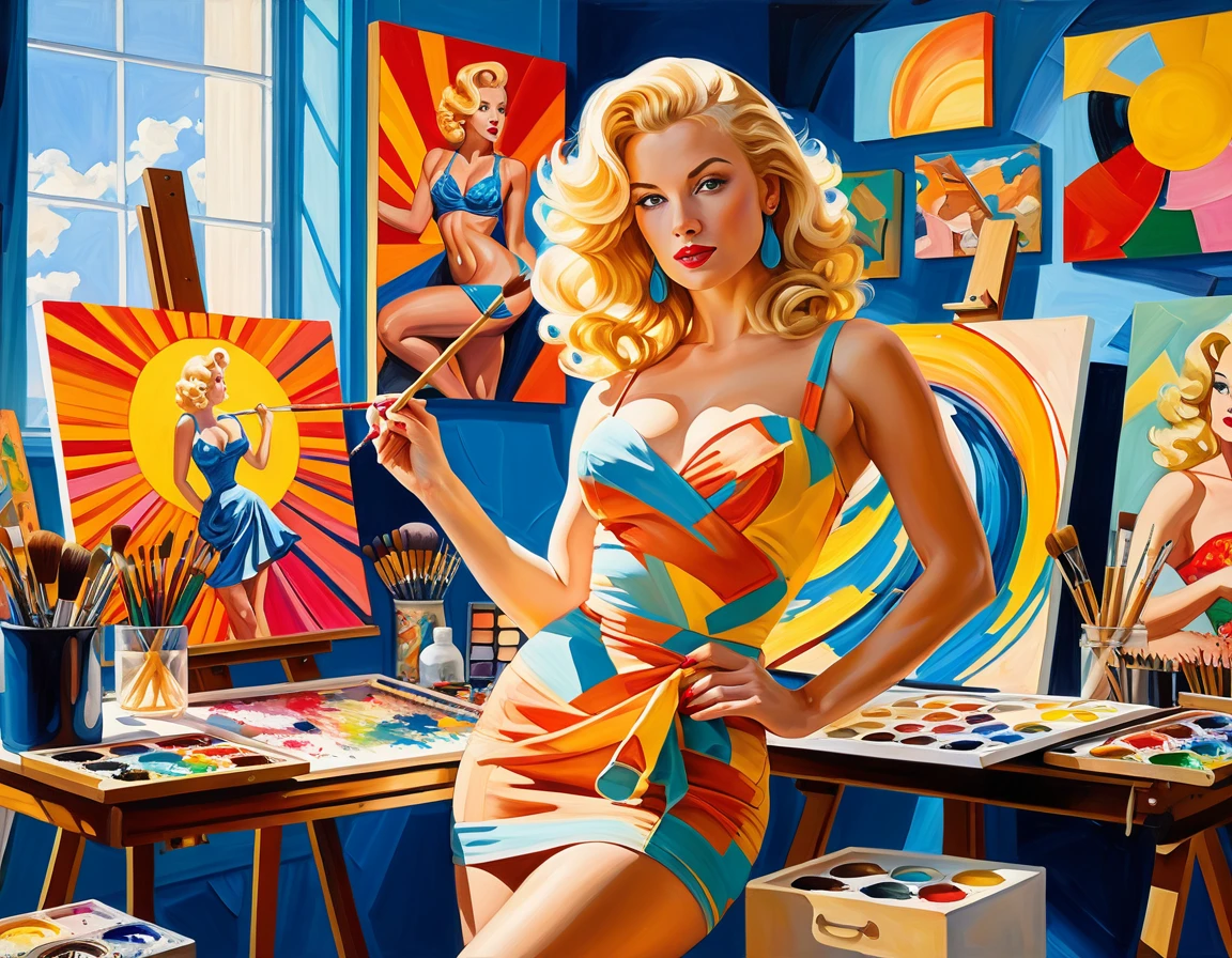 Artista rubia posando con confianza en un luminoso estudio bañado por el sol