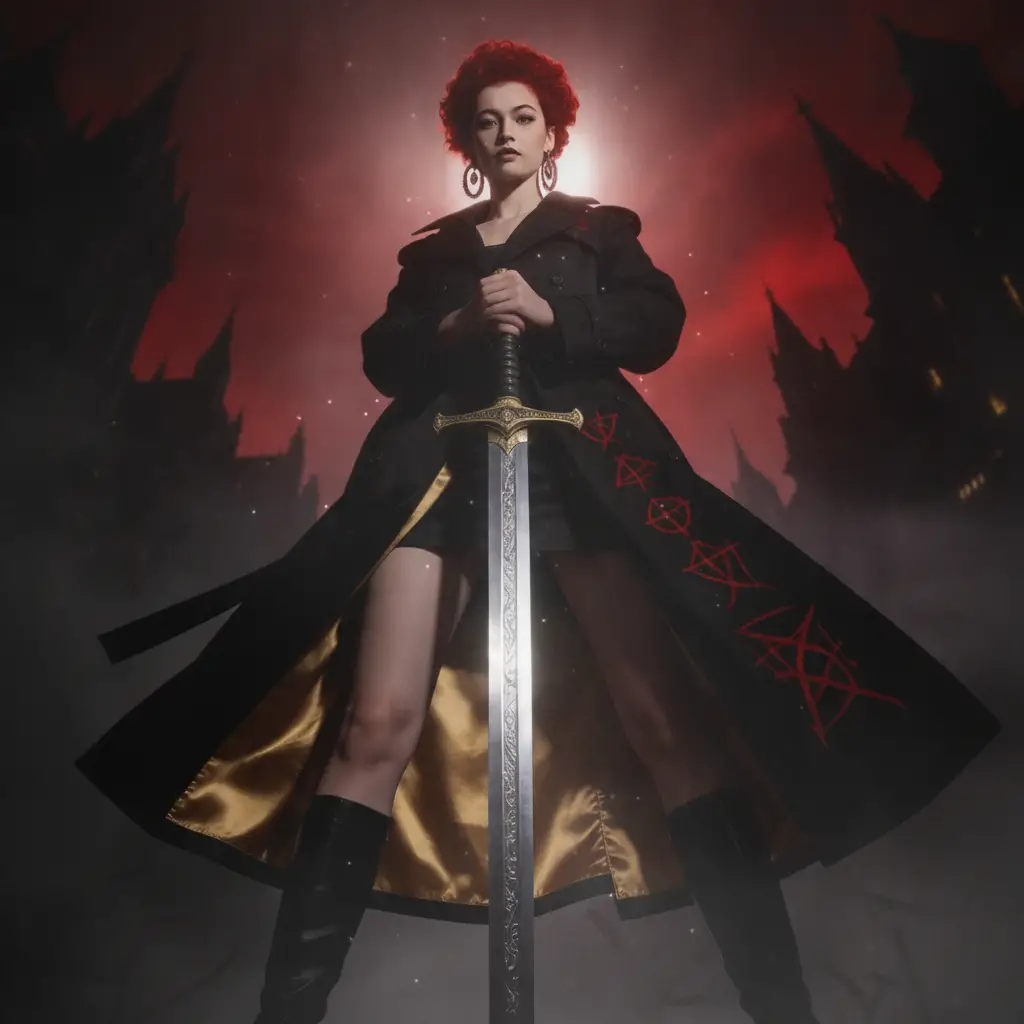 哥德式城市中持武士刀的紅髮女子