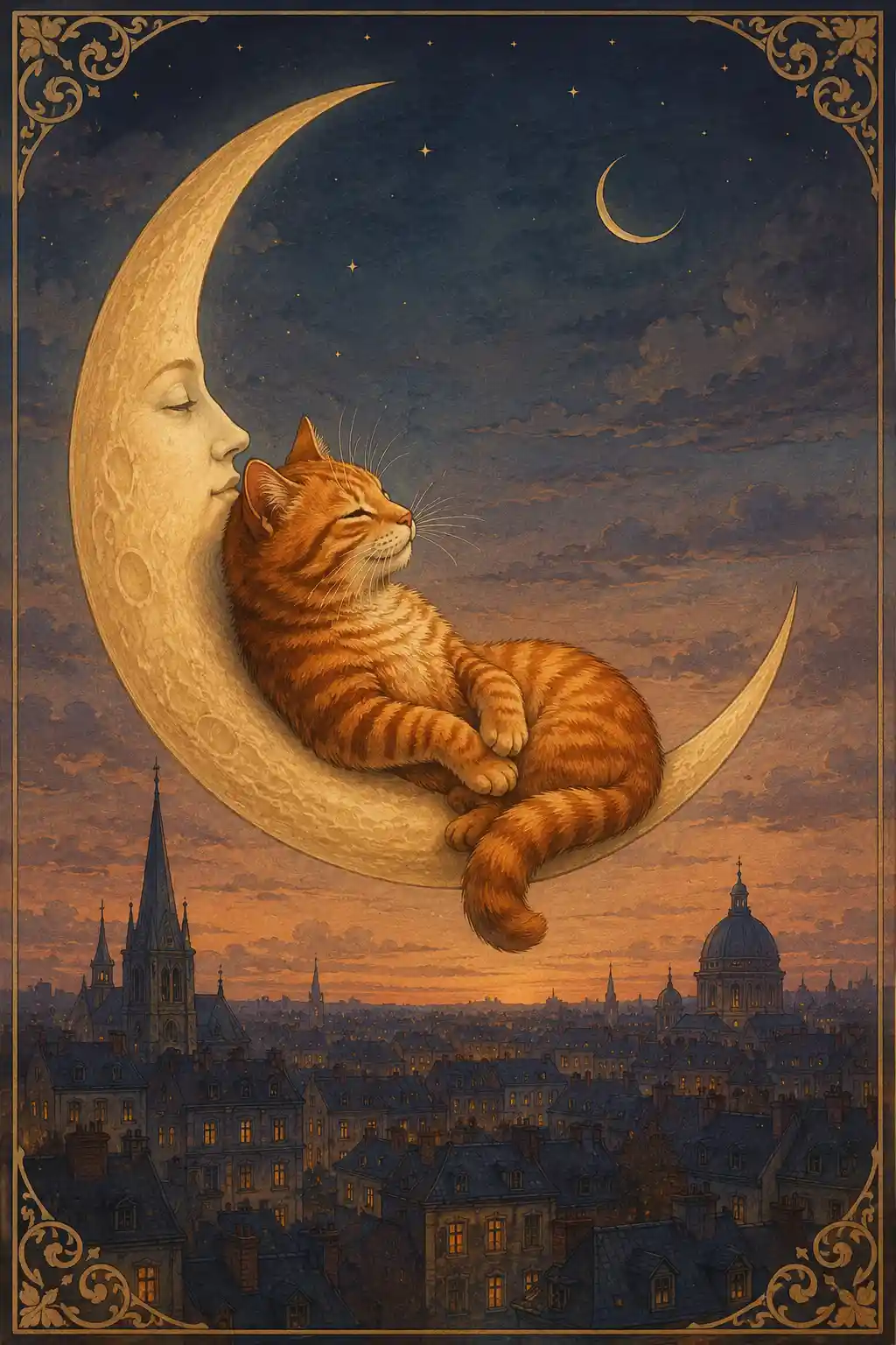 Chat tigré orange fantastique reposant sur un croissant de lune