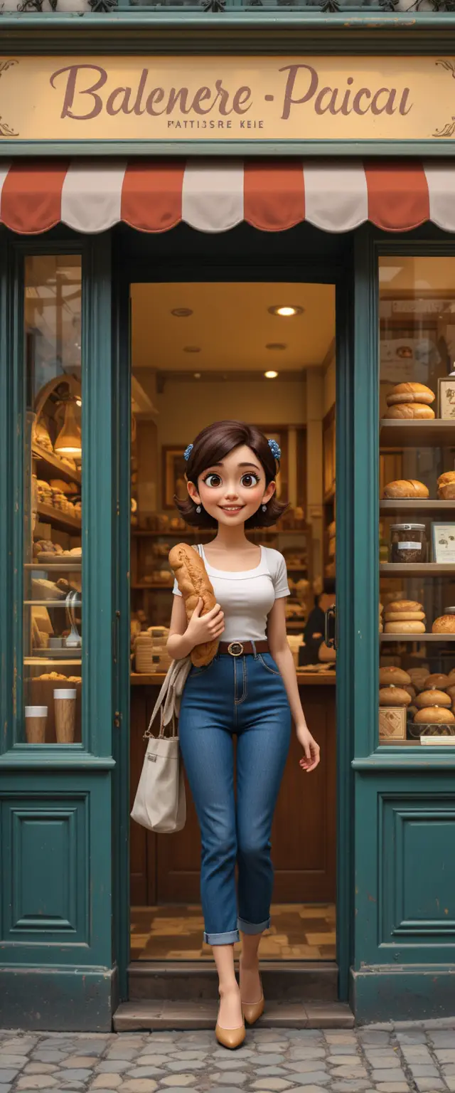 Joyful woman leaving a Paris bakery with fresh baguette