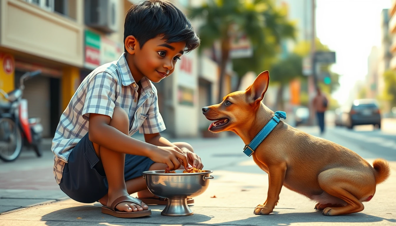 Niño alimentando a un perrito en una acera soleada