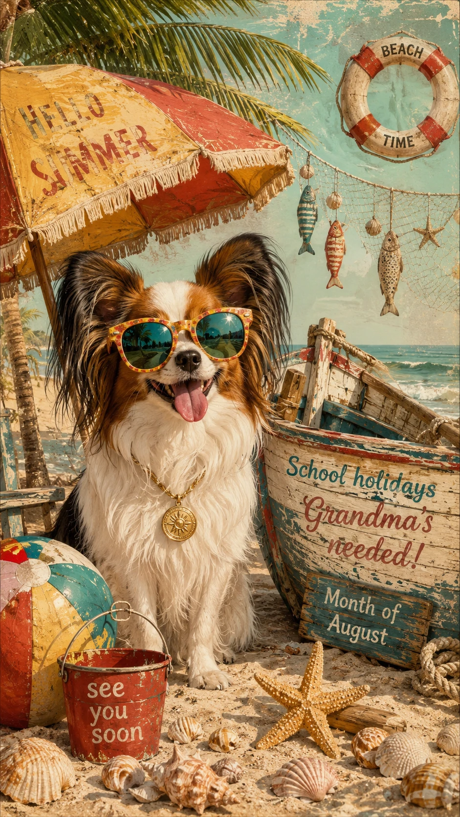 Perro pequeño de playa con gafas de sol retro bajo una sombrilla