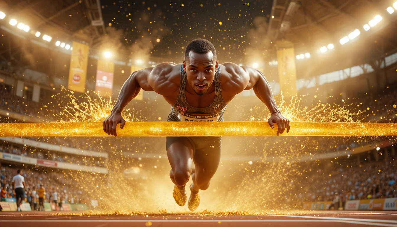 Sprinter Bursting Through Golden Finish Line Ribbon