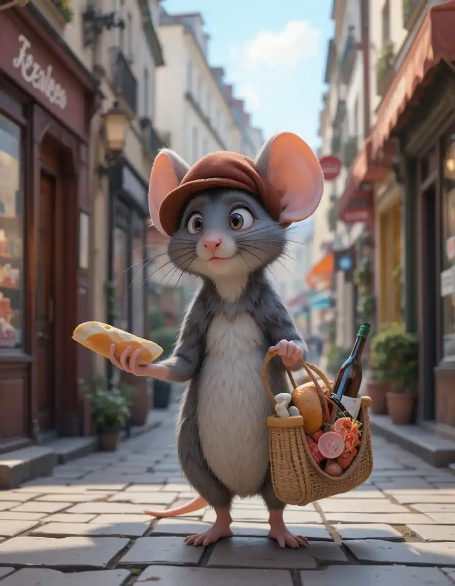Little mouse with beret shopping on a Paris street