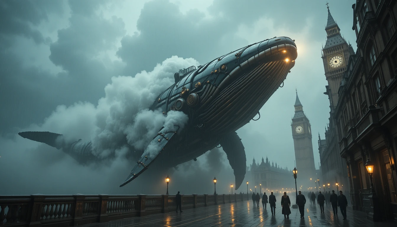 霧に包まれたヴィクトリア朝ロンドン上空を飛ぶ巨大機械クジラ飛行船