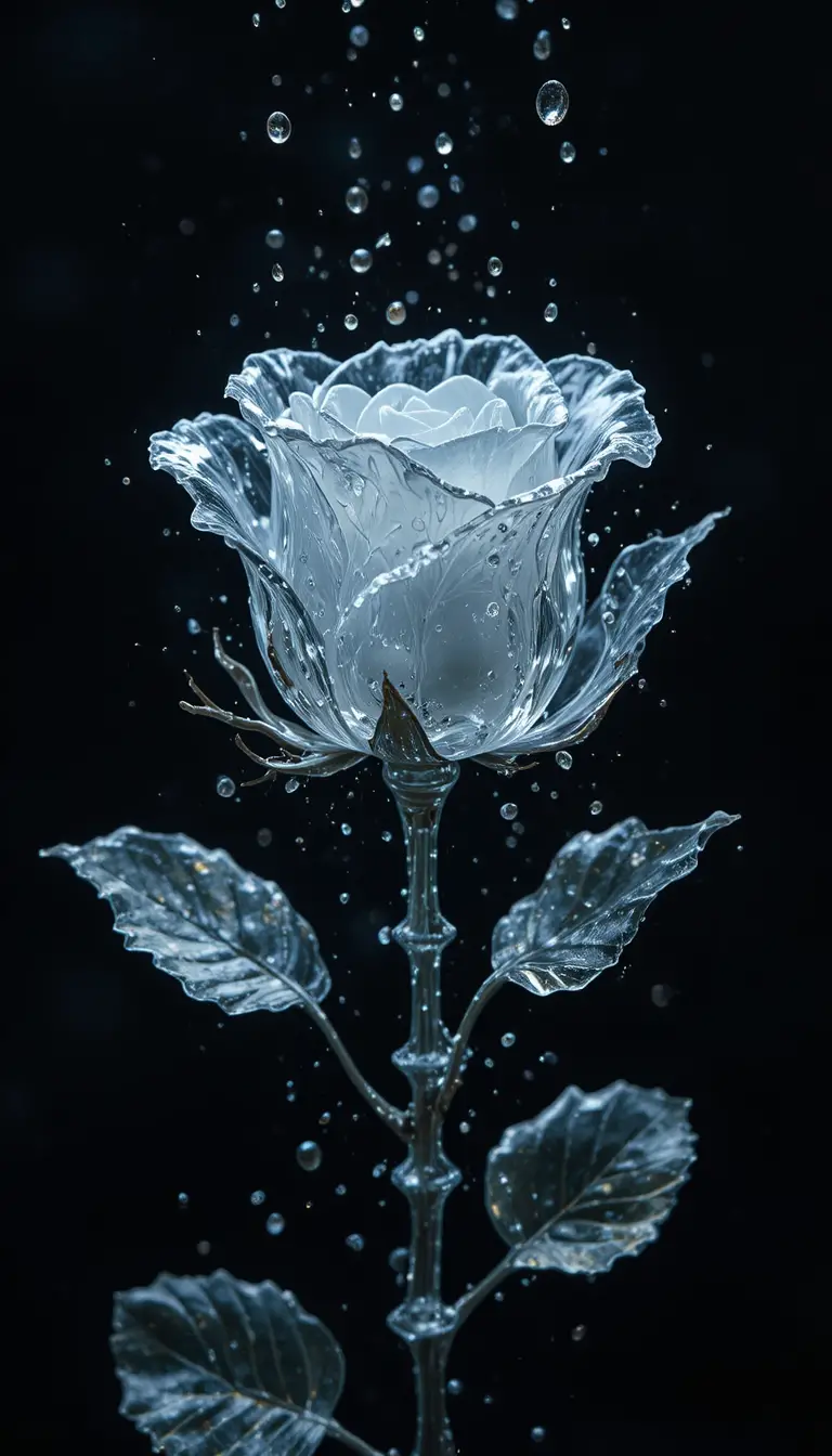 Klares Glasrose mit fallendem Wasser vor schwarzem Hintergrund