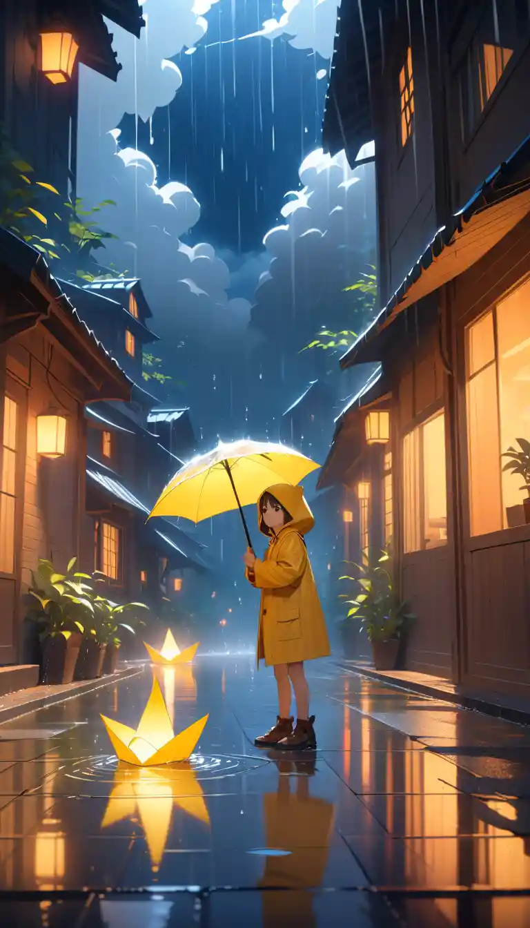 Man in rain reaching for a paper boat at twilight