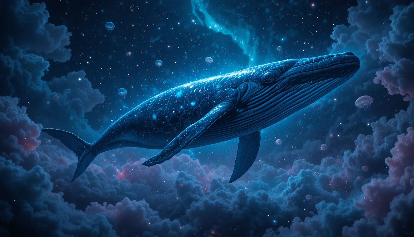 Ballena cósmica deslizándose entre nubes en una noche estrellada