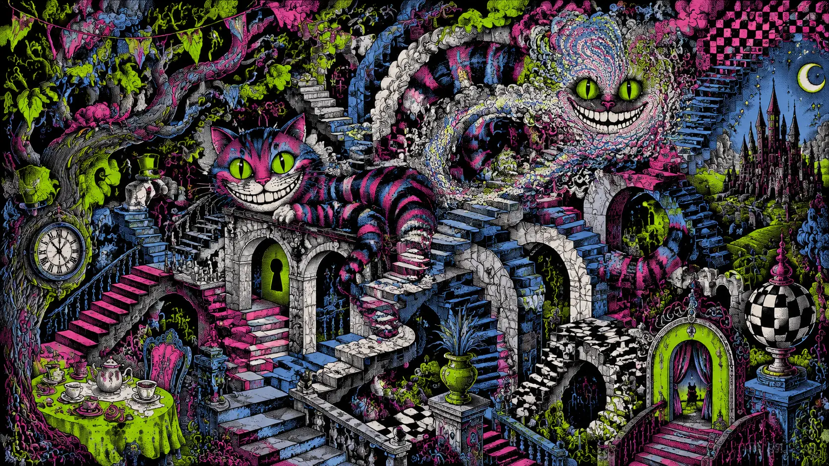 Chat fantaisiste rayé se tordant parmi des escaliers flottants surréalistes