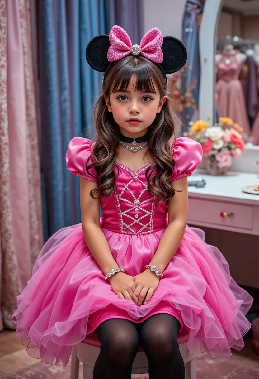 Chica princesa nerviosa en un tocador en una tienda de vestidos