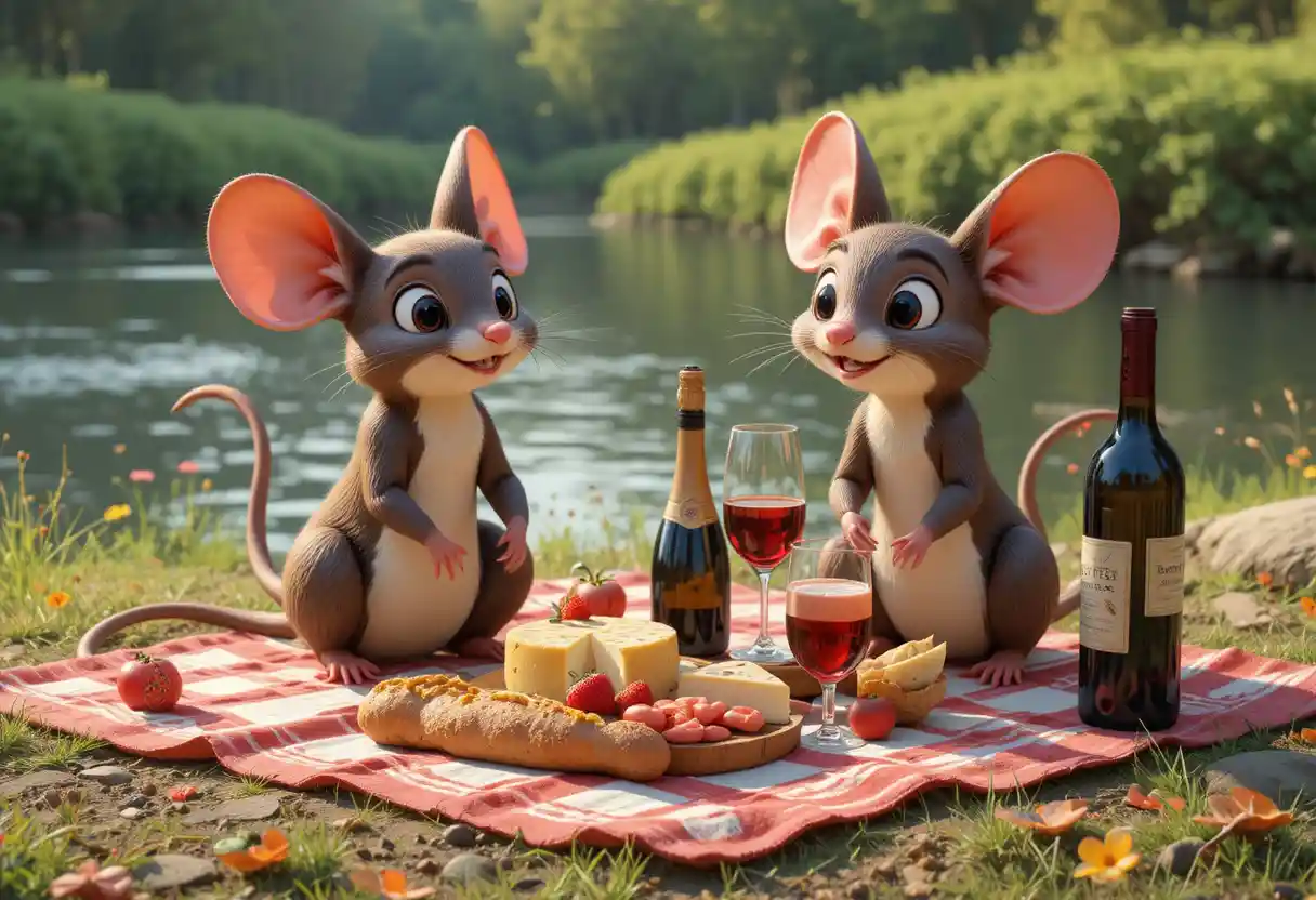 Two mice sharing a picnic by a quiet riverside