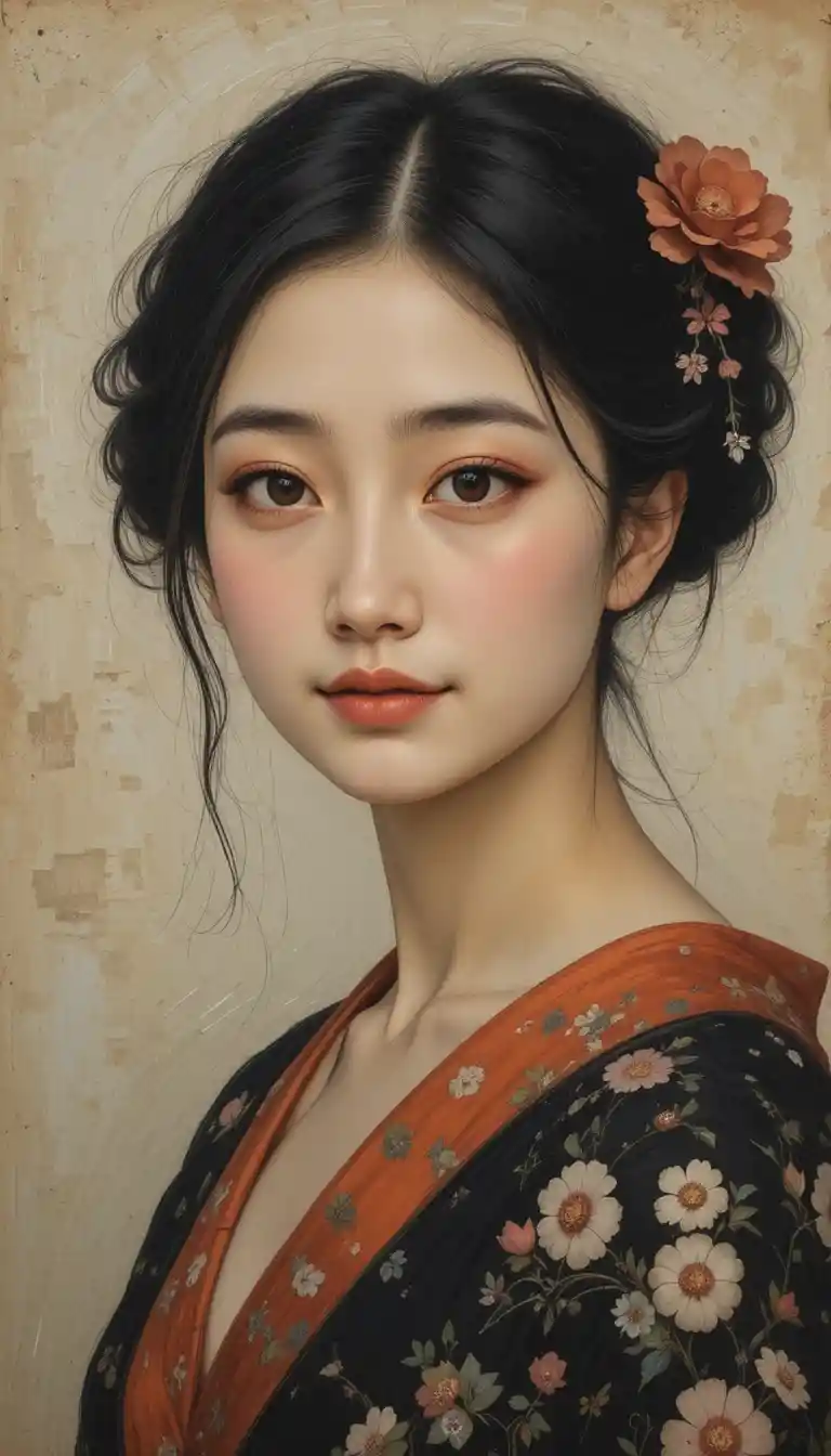 미소 짓는 일본 여성의 세로형 초상화 그림