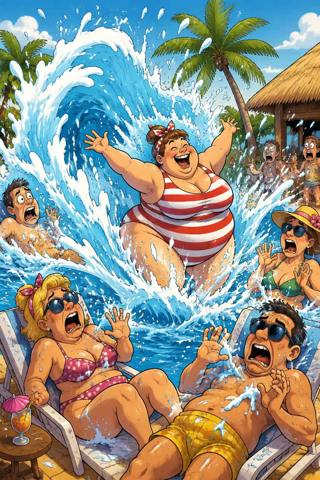 Mulher curvilínea molhando turistas na piscina de um resort tropical