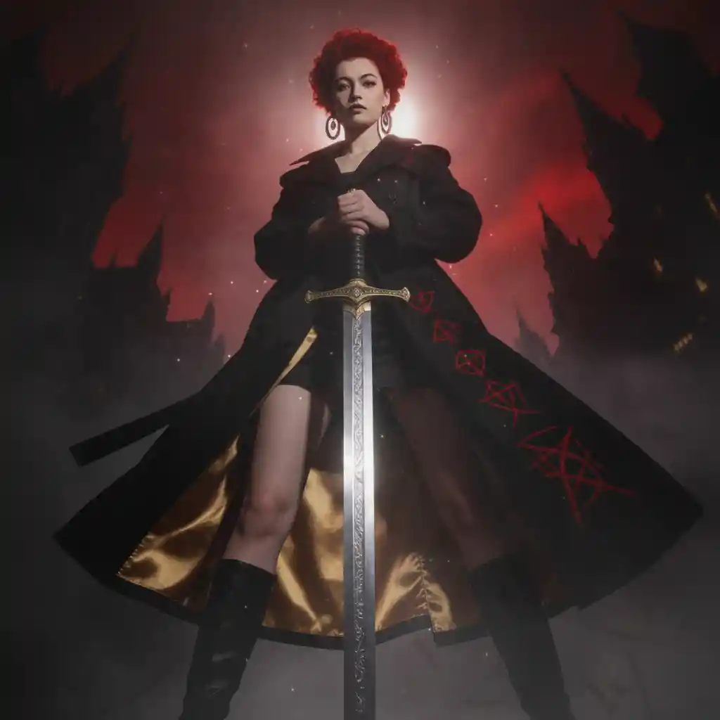 Red haired woman with samurai sword in gothic city