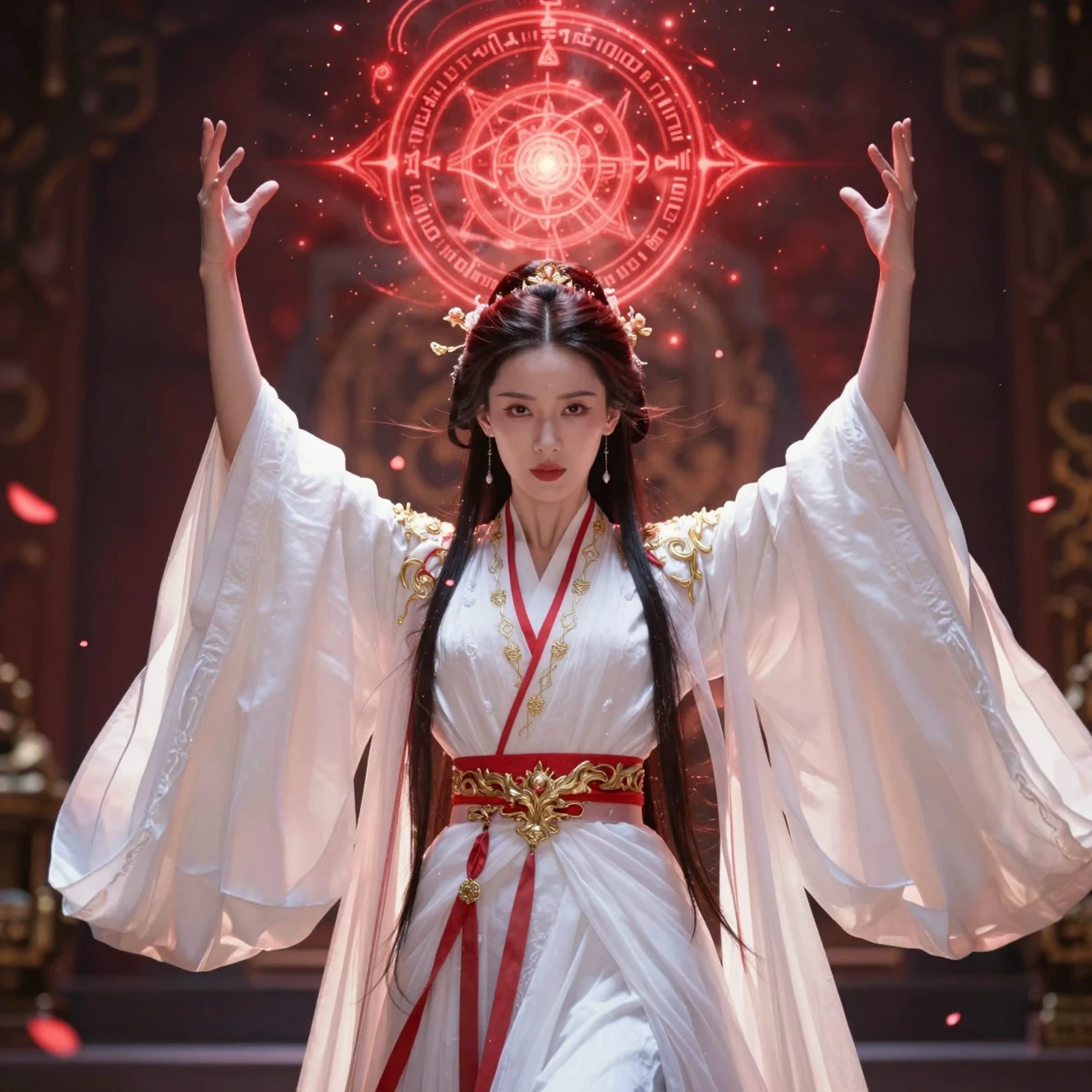 Hechicera de Asia Oriental invocando magia bajo sigilo rojo brillante