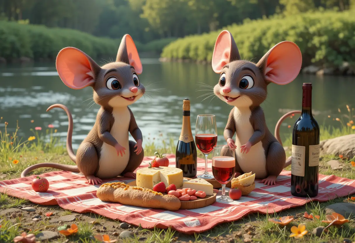 Two mice sharing a picnic by a quiet riverside