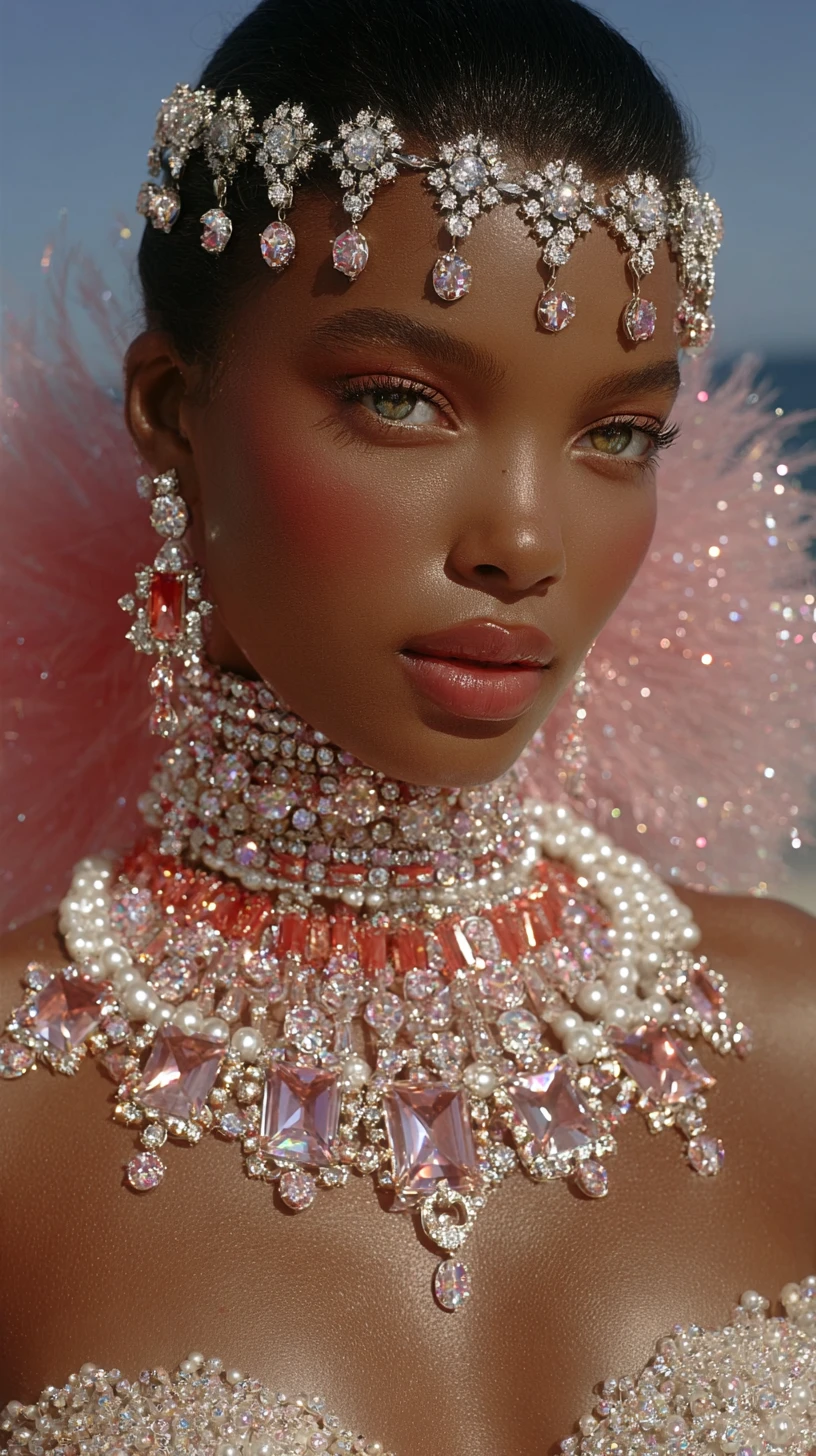 Modelo de moda de piel morena con collares de gemas en capas