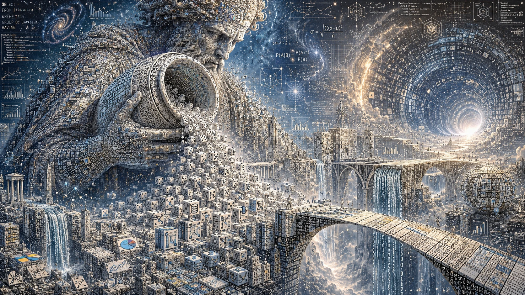 Gigantesco architetto cosmico che riversa infiniti dadi nei dati