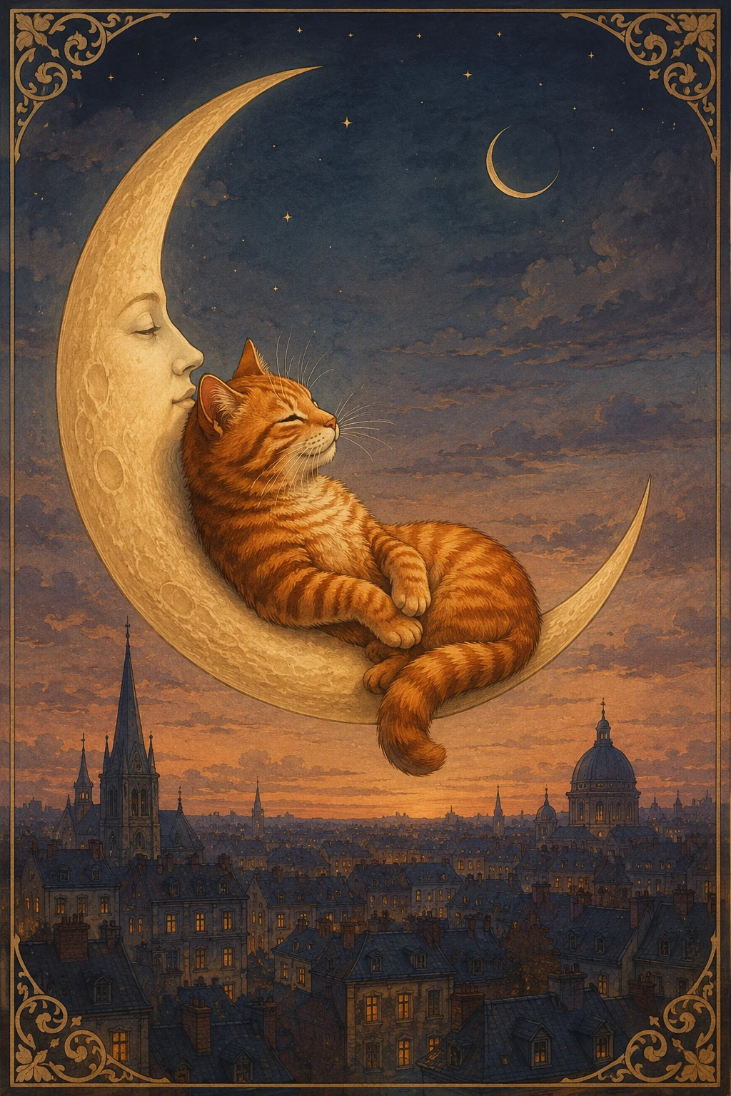 Gato atigrado naranja de fantasía descansando sobre una luna creciente