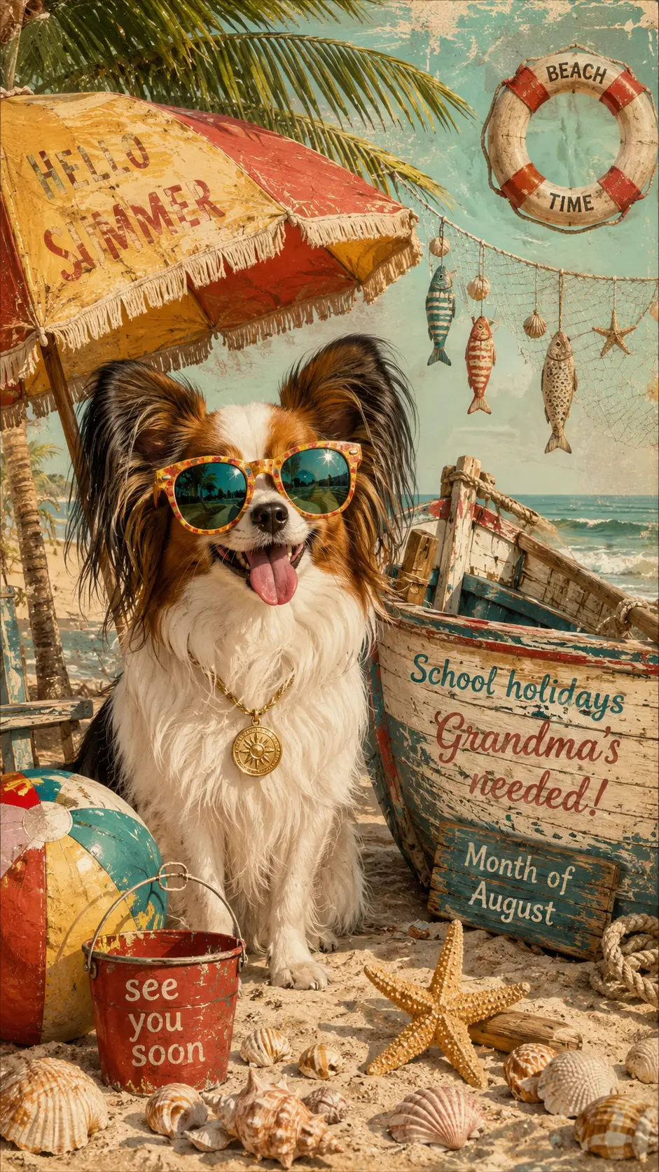 Perro pequeño de playa con gafas de sol retro bajo una sombrilla