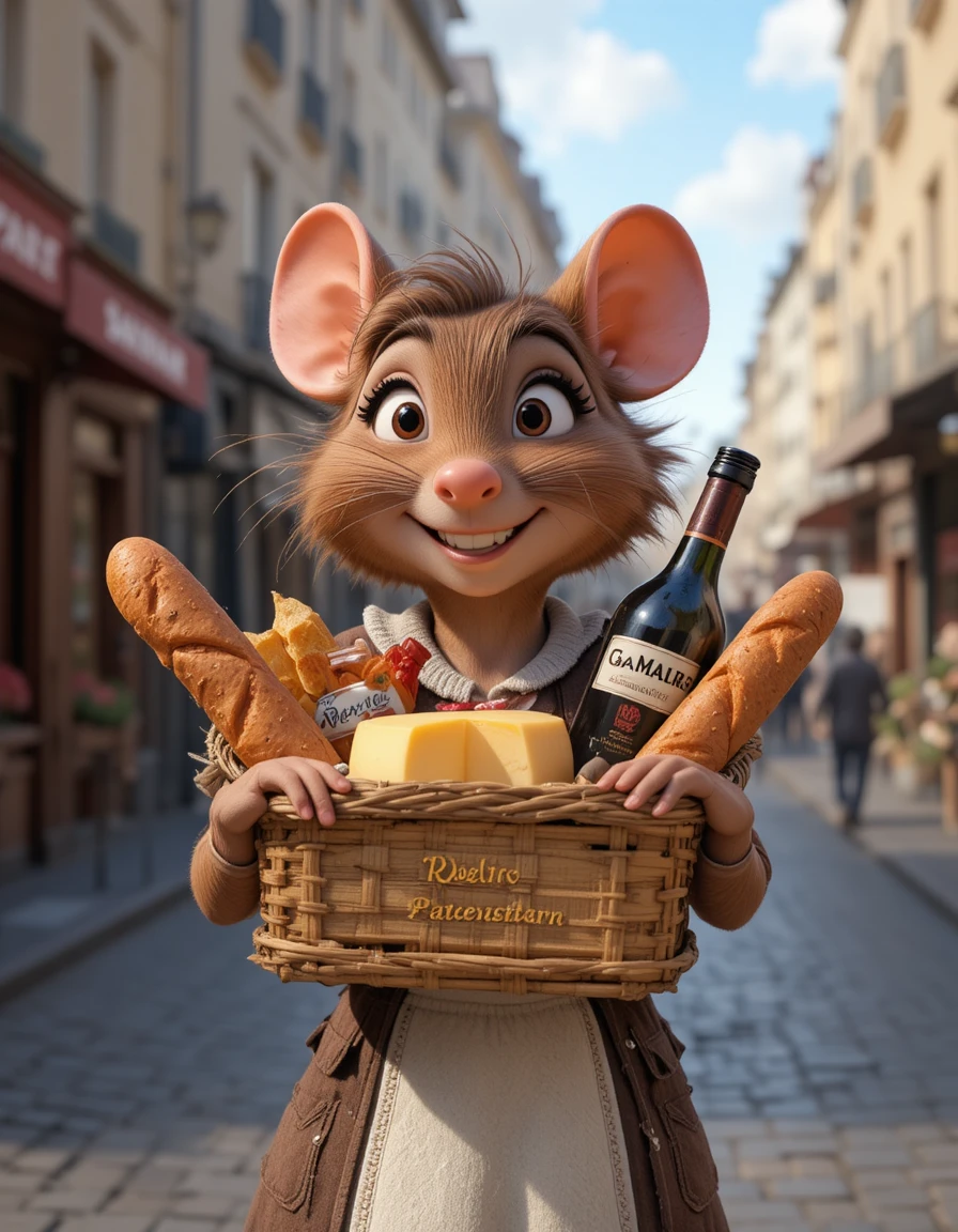 Ratón francés que vuelve del mercado en una calle parisina