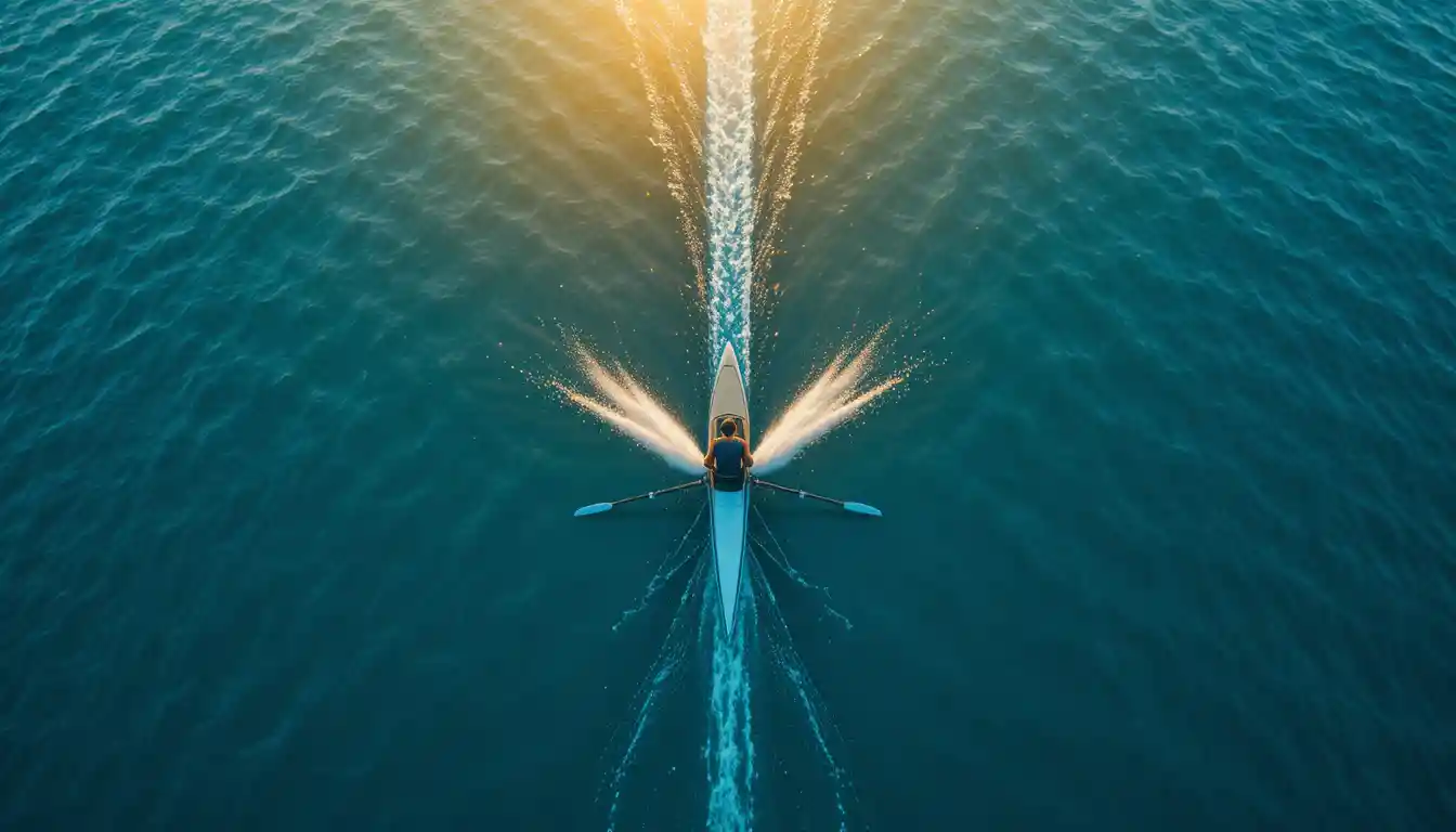 Vista aérea de remero solitario en skiff sobre lago turquesa