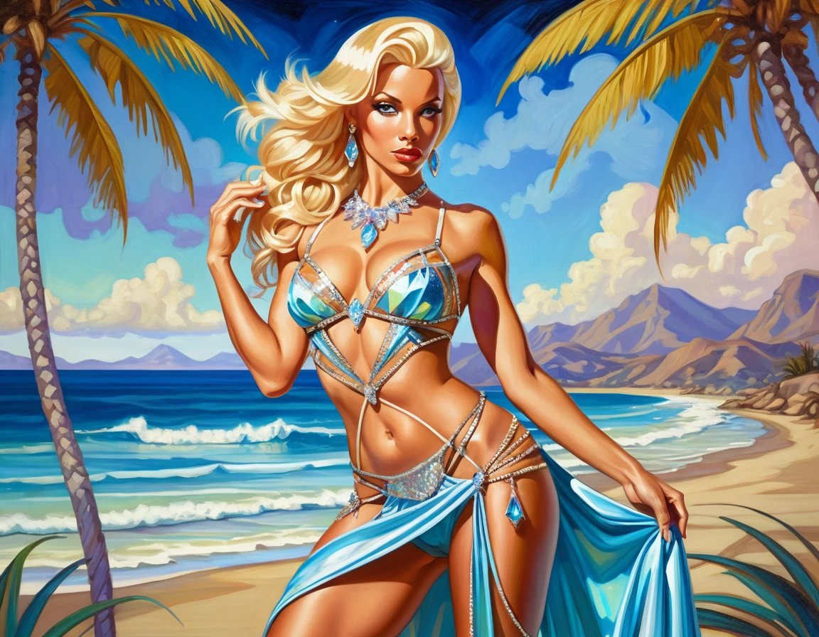 Mujer rubia atlética con minivestido de joyas en pose pin‑up