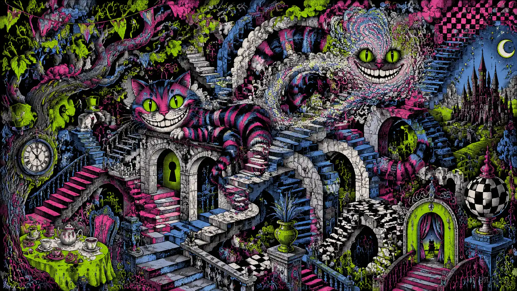 Chat fantaisiste rayé se tordant parmi des escaliers flottants surréalistes