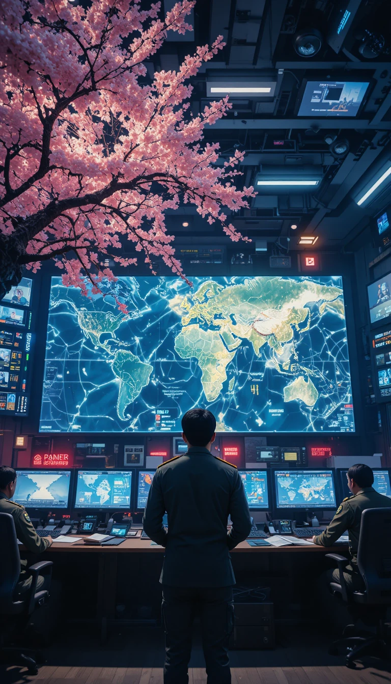 Military commander in a tense night command center scene