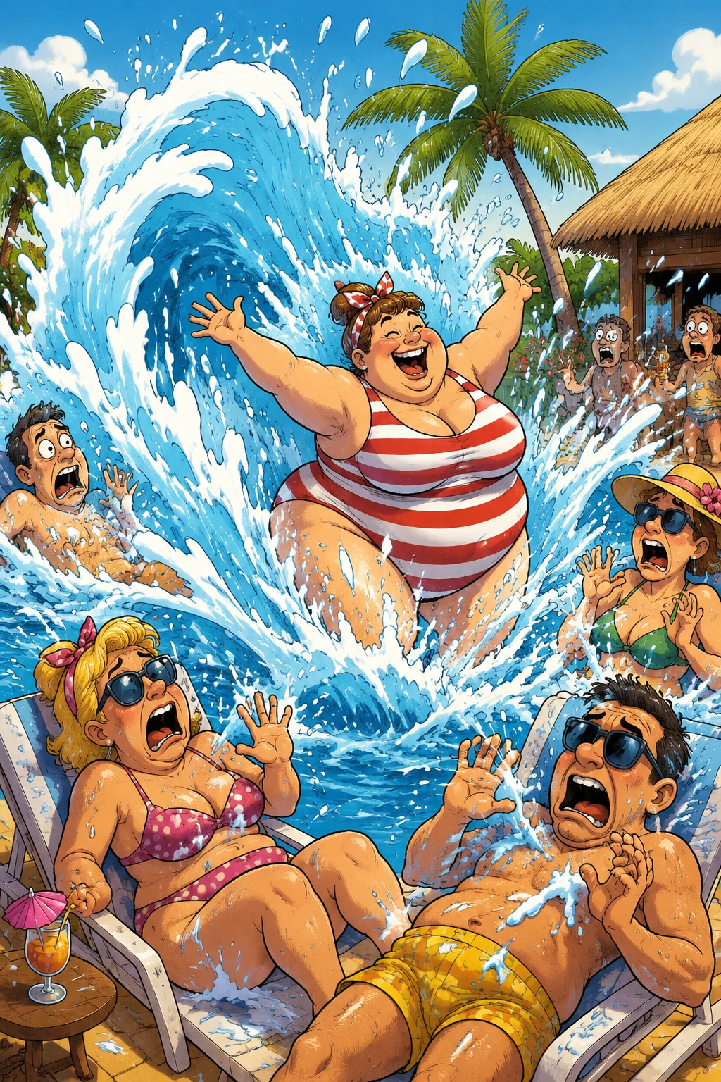 Mujer curvilínea salpicando a turistas en la piscina de un resort tropical