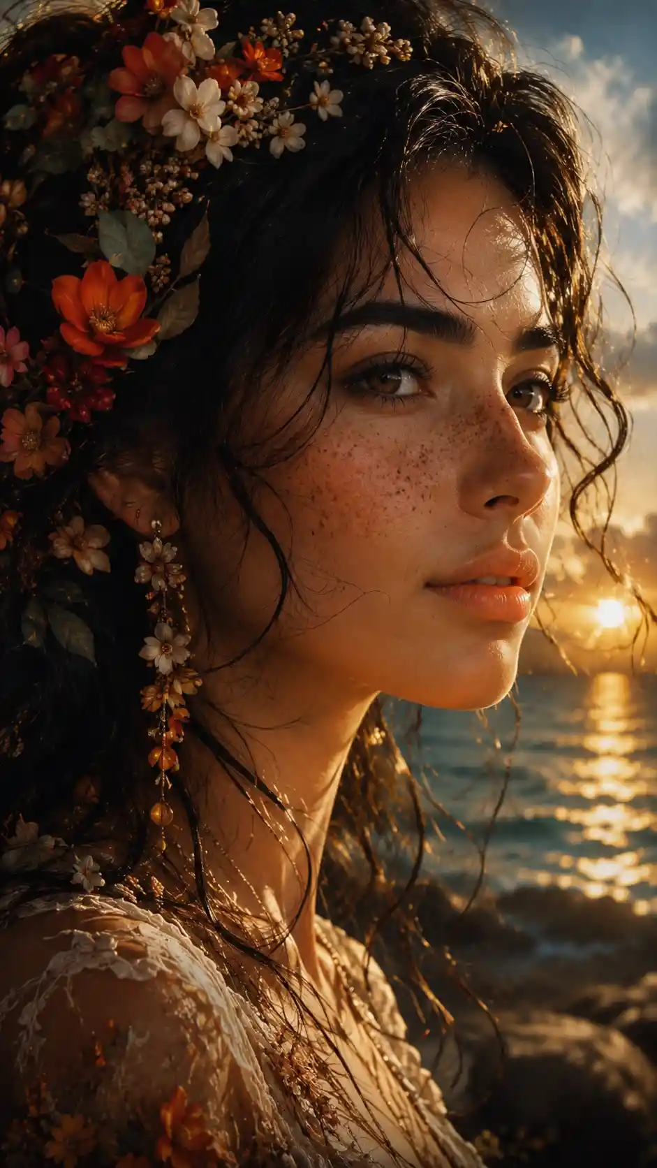Portrait surréaliste de profil d’une femme tachetée de rousseur avec des fleurs