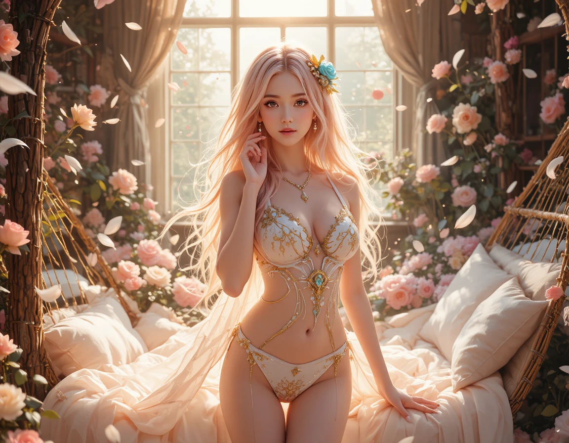 Mujer de anime etérea de cabello rosa entre plumas flotantes