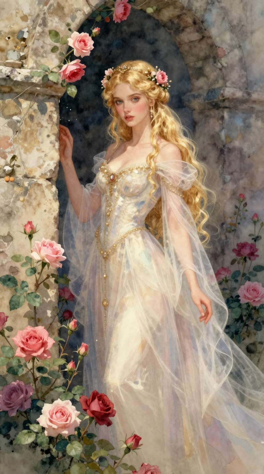 Eterea fanciulla bionda tra le rose accanto a un antico muro di pietra