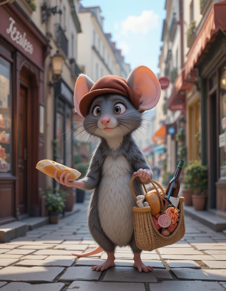 Ratón pequeño con boina de compras en una calle de París