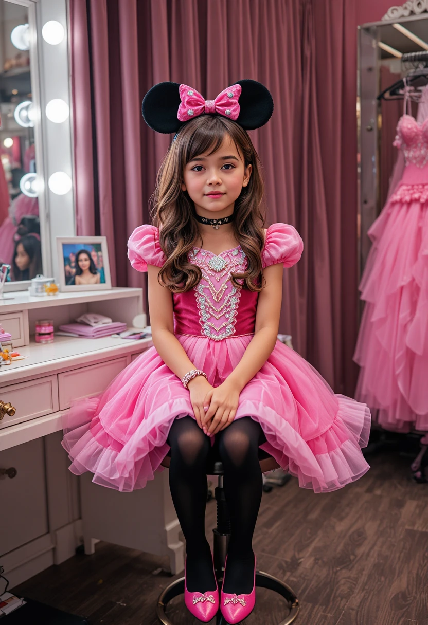 Niño con vestido de princesa rosa en el tocador