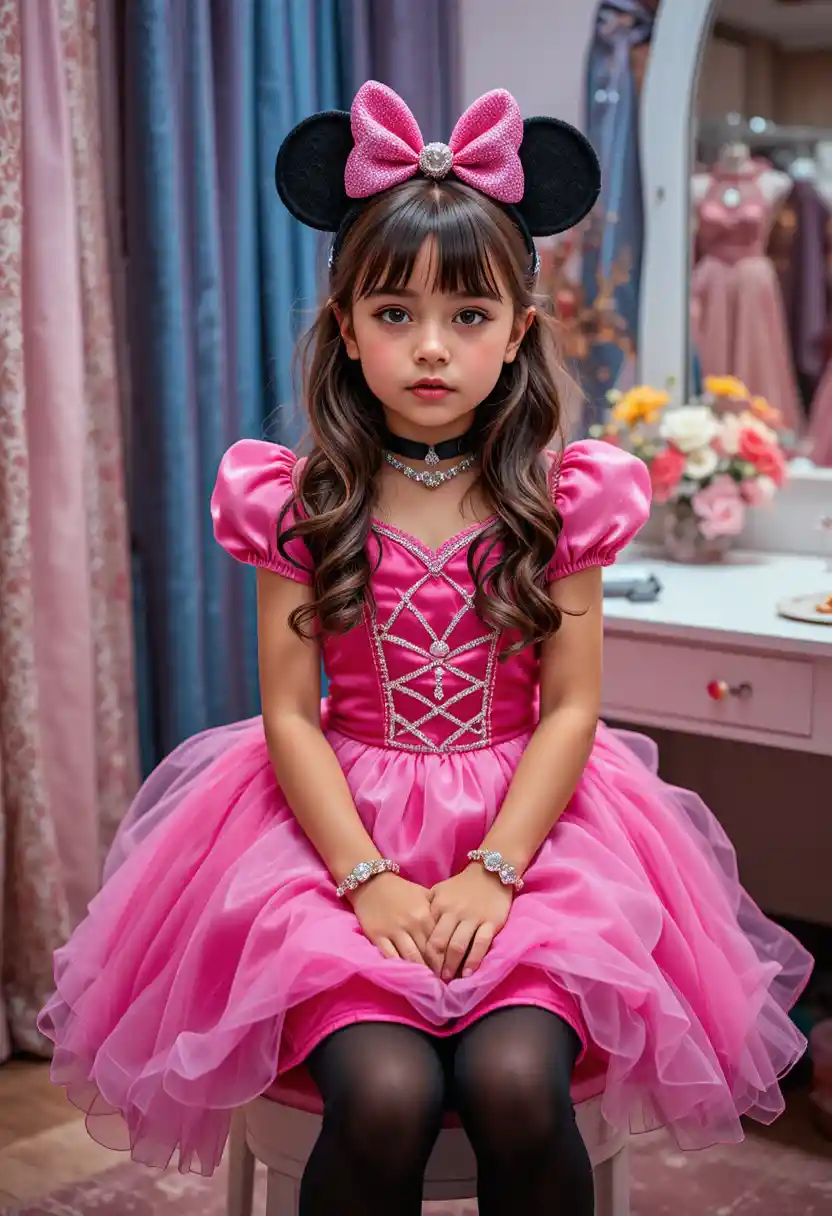 Nervous princess girl at a vanity in a dress shop