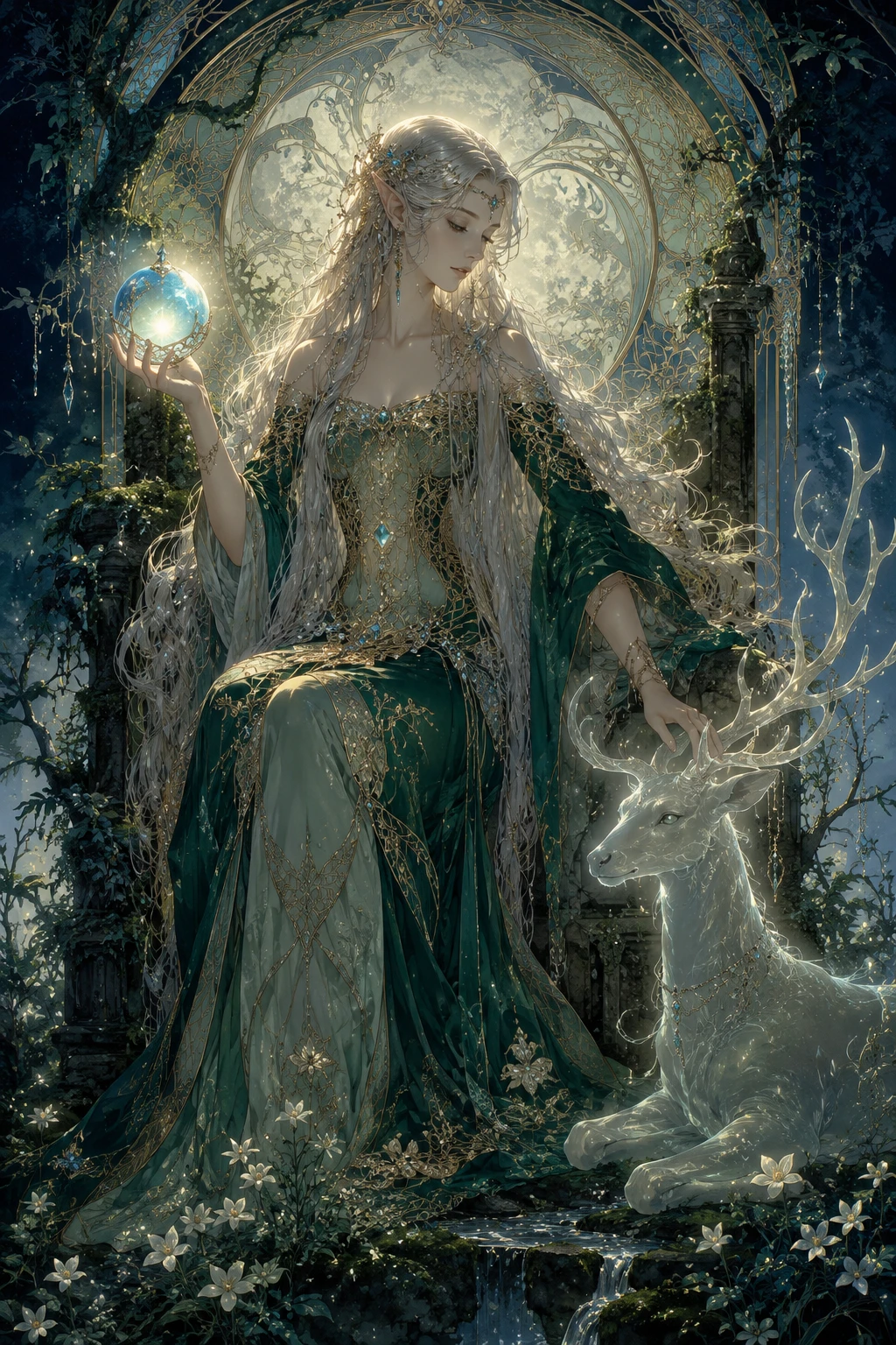 Hechicera élfica en un trono de piedra musgosa en bosque a la luz de la luna